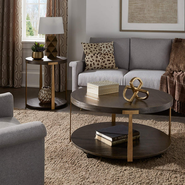 Round Espresso Veneer Coffee Table with Iron Frame and Caster Wheels
