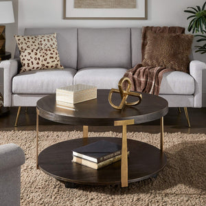 Round Espresso Veneer Coffee Table with Iron Frame and Caster Wheels