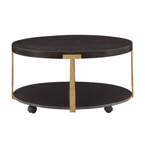 Round Espresso Veneer Coffee Table with Iron Frame and Caster Wheels