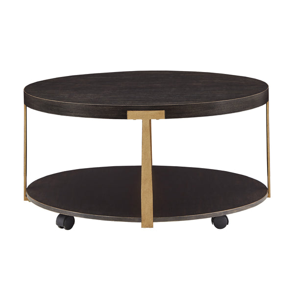 Round Espresso Veneer Coffee Table with Iron Frame and Caster Wheels