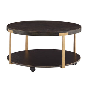 Round Espresso Veneer Coffee Table with Iron Frame and Caster Wheels