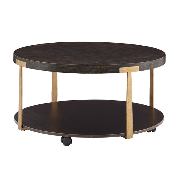 Round Espresso Veneer Coffee Table with Iron Frame and Caster Wheels