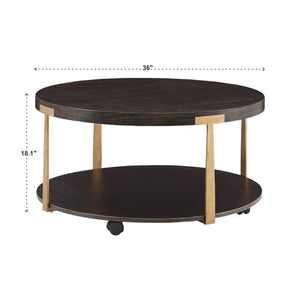 Round Espresso Veneer Coffee Table with Iron Frame and Caster Wheels