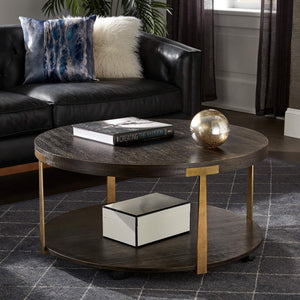 Round Espresso Veneer Coffee Table with Iron Frame and Caster Wheels