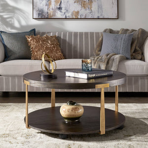 Round Espresso Veneer Coffee Table with Iron Frame and Caster Wheels