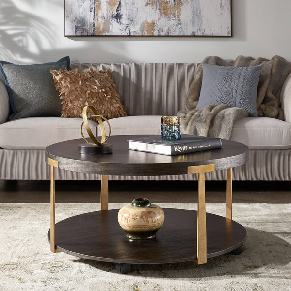 Round Espresso Veneer Coffee Table with Iron Frame and Caster Wheels