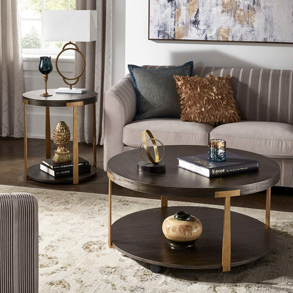 Round Espresso Veneer Coffee Table with Iron Frame and Caster Wheels