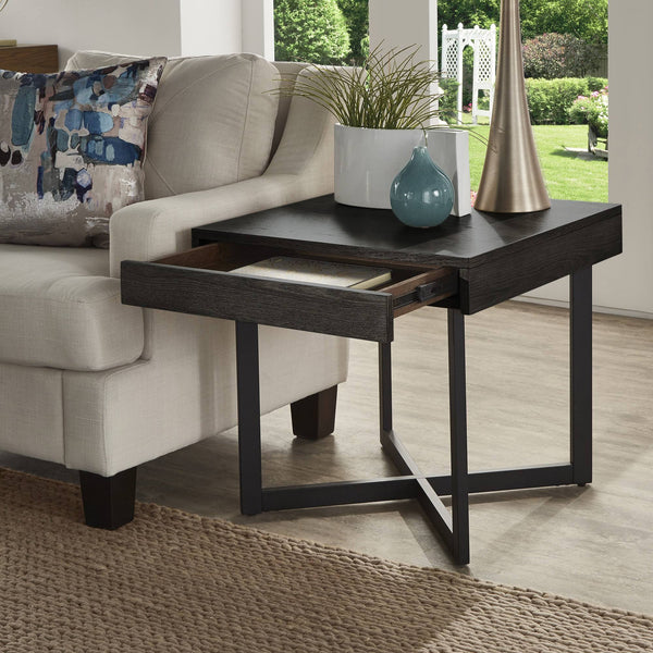 Nadian Modern End Table with Drawer Metal Base and Wood Grain Mdf Top for Living Room