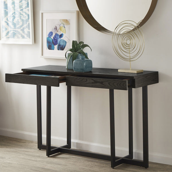 Nadian Console Table with Two Drawers Mdf Top Metal Base for Entryway Living Room