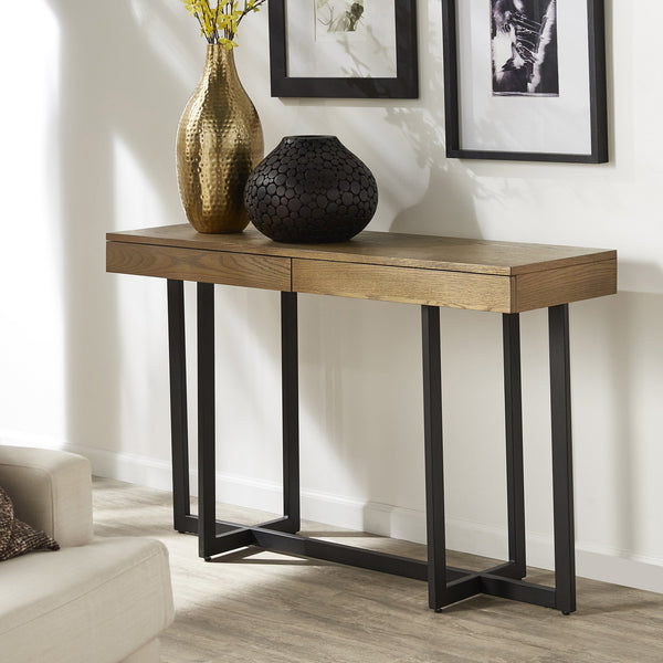 Nadian Console Table with Two Drawers Mdf Top Metal Base for Entryway Living Room