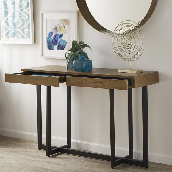 Nadian Console Table with Two Drawers Mdf Top Metal Base for Entryway Living Room