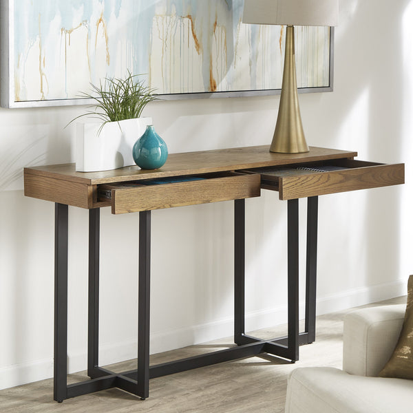 Nadian Console Table with Two Drawers Mdf Top Metal Base for Entryway Living Room