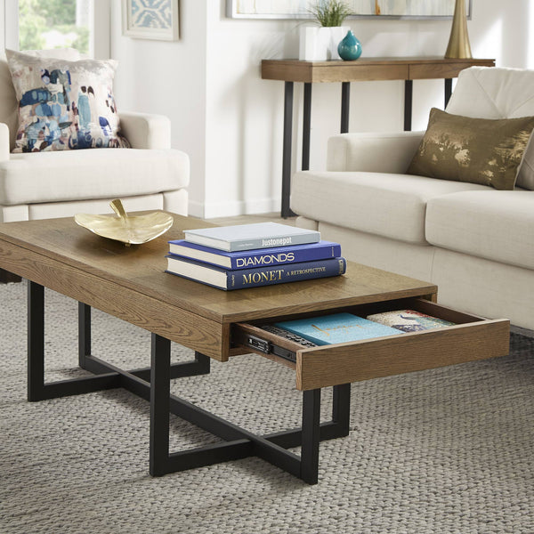 Nadian Modern Coffee Table with Storage Drawers and Powder-coated Metal Base