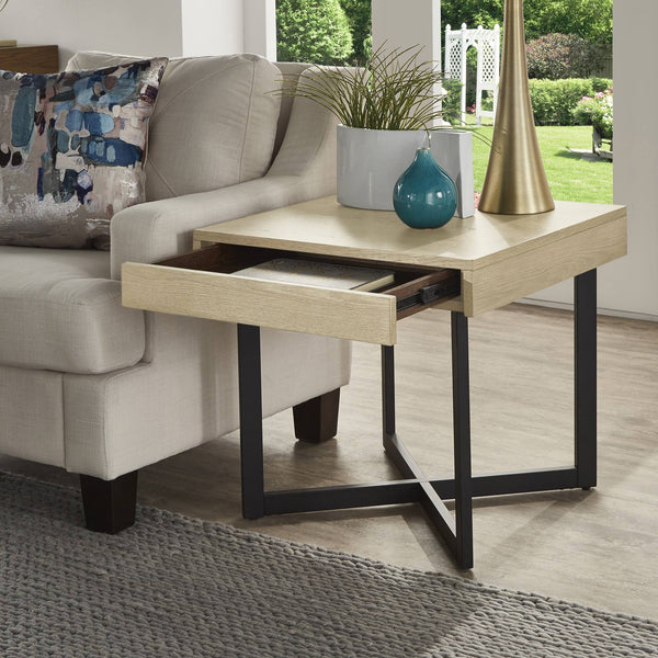 Nadian Modern End Table with Drawer Metal Base and Wood Grain Mdf Top for Living Room