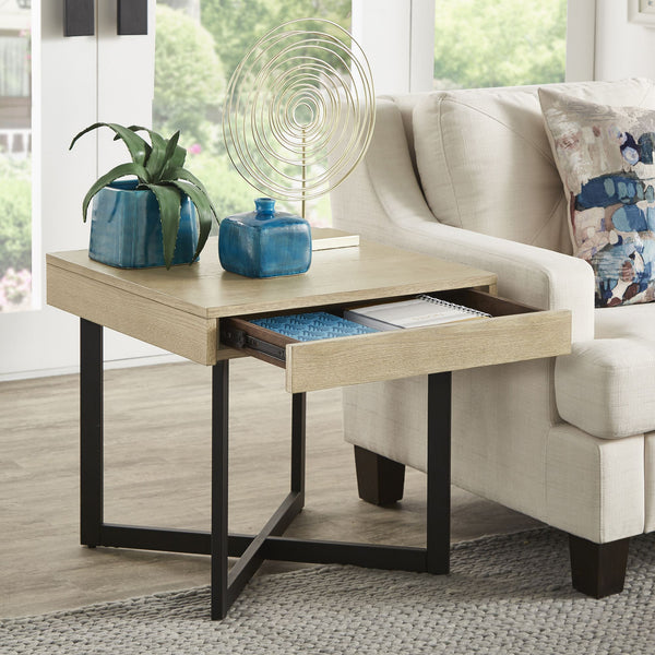 Nadian Modern End Table with Drawer Metal Base and Wood Grain Mdf Top for Living Room