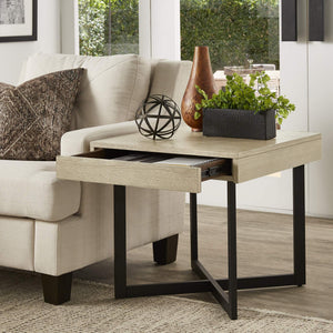Nadian Modern End Table with Drawer Metal Base and Wood Grain Mdf Top for Living Room