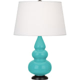 Robert Abbey Egg Blue Small Triple Gourd Accent Lamp Egg Blue Glazed Ceramic with Deep Patina Bronze Finished Accents Pearl Dupioni Fabric Shade