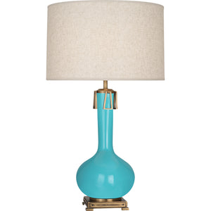 Robert Abbey Egg Blue Athena Table Lamp Egg Blue Glazed Ceramic with Aged Brass Accents Open Weave Heather Linen Shade