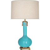 Robert Abbey Egg Blue Athena Table Lamp Egg Blue Glazed Ceramic with Aged Brass Accents Open Weave Heather Linen Shade