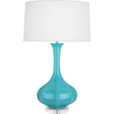 Robert Abbey Egg Blue Pike Table Lamp Egg Blue Glazed Ceramic with Lucite Base Pearl Dupoini Fabric Shade