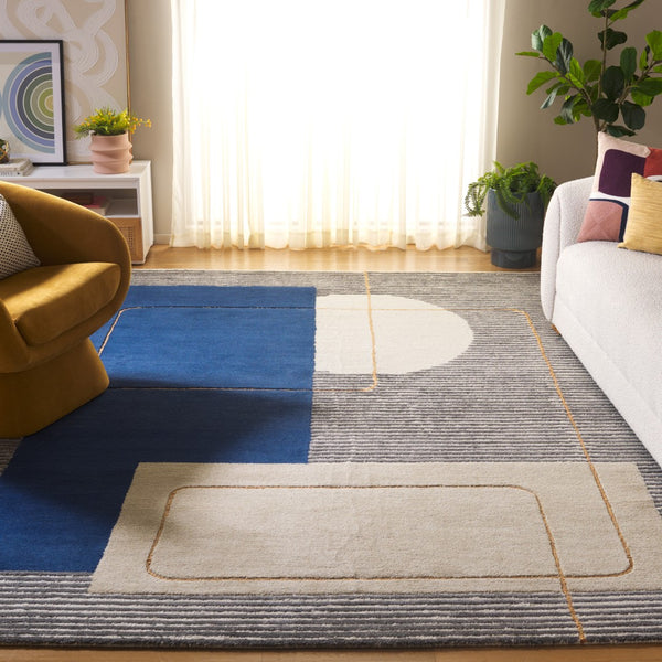 Safavieh Ebony Hand-tufted Area Rug - Luxurious Geometric Design For Modern Home Decor Elegance And Style Beige ,Blue Wool And Viscose Ebn254m-2