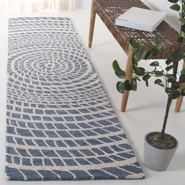 Safavieh Ebony Hand-Tufted Wool Cotton Runner Geometric Blue Ivory Hallway Entryway Rug 2'-3" x 9'-0" EBN652M-29