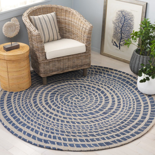Safavieh Ebony Hand-Tufted Wool Cotton Runner Geometric Blue Ivory Hallway Entryway Rug 6'-0" x 6'-0" - A EBN652M-6R