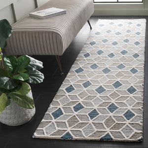 Safavieh Ebony Hand Tufted Wool Geometric Runner Rug for Hallways and Entryways in Ivory Blue EBN656A-29