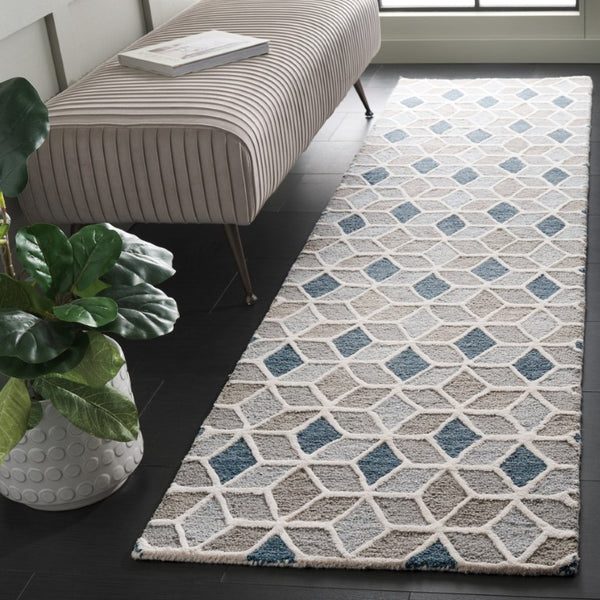 Safavieh Ebony Hand Tufted Wool Geometric Runner Rug for Hallways and Entryways in Ivory Blue EBN656A-29