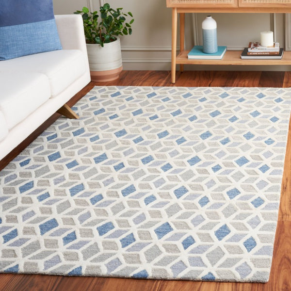 Safavieh Ebony Hand Tufted Wool Geometric Area Rug Ivory Blue Tones for Modern Living Spaces EBN656A-5