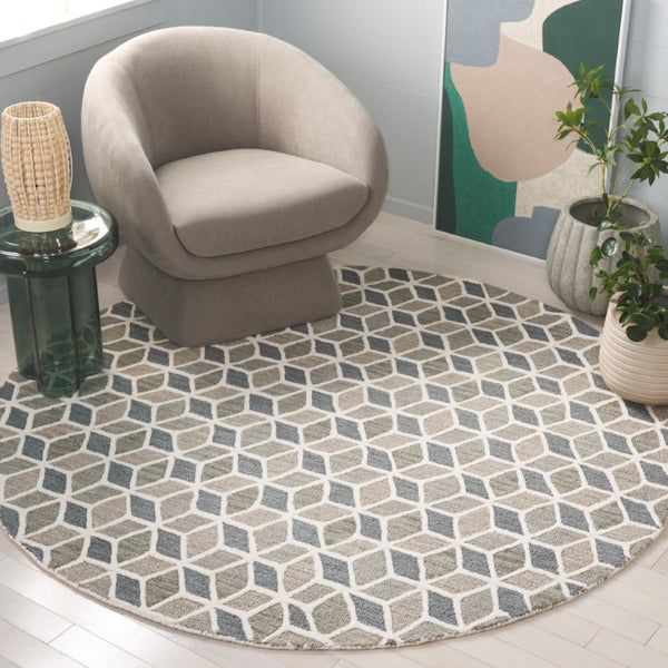 Safavieh Ebony Hand Tufted Wool Cotton Round Rug Ivory Grey Geometric Modern Living Room EBN656F-6R