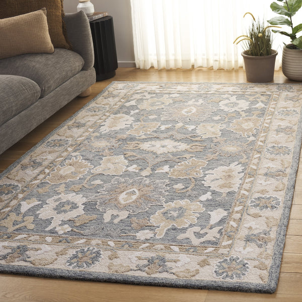 Safavieh Ebony Hand-Tufted Traditional Floral Rug In Grey Beige — Wool-Cotton Blend, Low-Profile 3/8" Pile, India Crafted 3'-0" x 5'-0" EBN680F-3