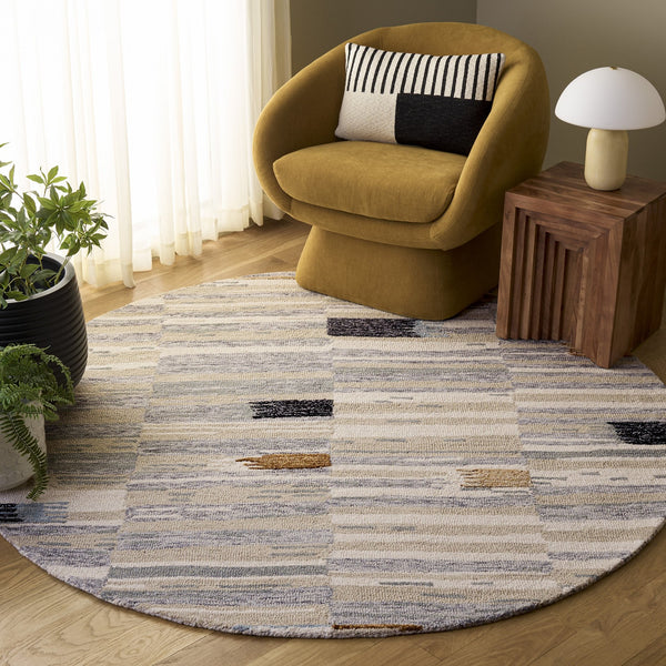 Safavieh Ebony Hand-Tufted Round Rug In Ivory And Grey — Wool-Cotton Blend, Textured Stripes, Warm Accents 6'-0" x 6'-0" EBN703A-6R
