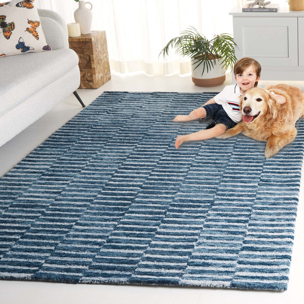 Safavieh Ebony Hand-tufted Wool & Cotton Rug - Elegant Stripe Design For Timeless Home Décor And Comfort Navy ,Light Blue 80% Wool 10% Cotton Ebn751n-4