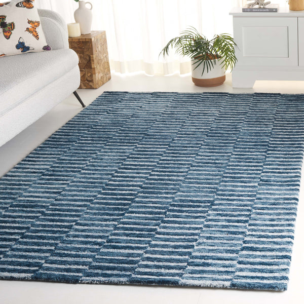 Safavieh Ebony Hand-tufted Wool & Cotton Rug - Elegant Stripe Design For Timeless Home Décor And Comfort Navy ,Light Blue 80% Wool 10% Cotton Ebn751n-4