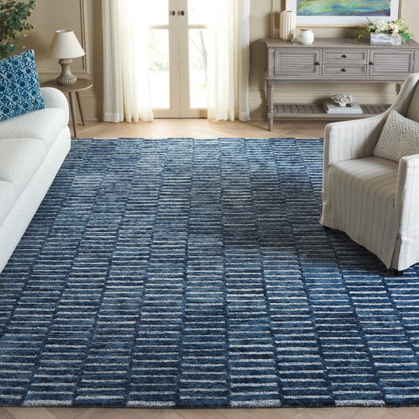 Safavieh Ebony Hand-tufted Wool & Cotton Rug - Elegant Stripe Design For Timeless Home Décor And Comfort Navy ,Light Blue 80% Wool 10% Cotton Ebn751n-4