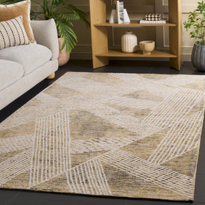 Safavieh Ebony Hand-Tufted Wool Area Rug In Gold And Ivory — Modern Geometric Low-Profile Comfort Centerpiece 5'-0" x 8'-0" EBN825D-5