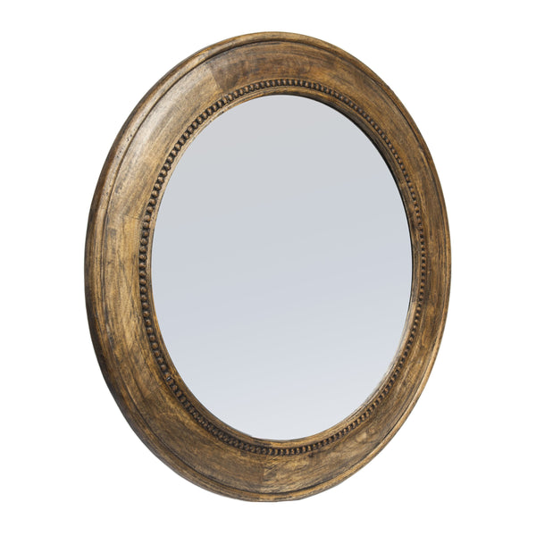 Rowena Interiors Carved Mango Wood Round Mirror Walnut Finish Hobnail Detail Farmhouse Bohemian Decor EC1418