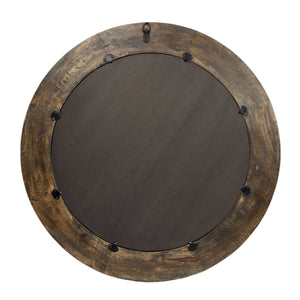 Rowena Interiors Carved Mango Wood Round Mirror Walnut Finish Hobnail Detail Farmhouse Bohemian Decor EC1418