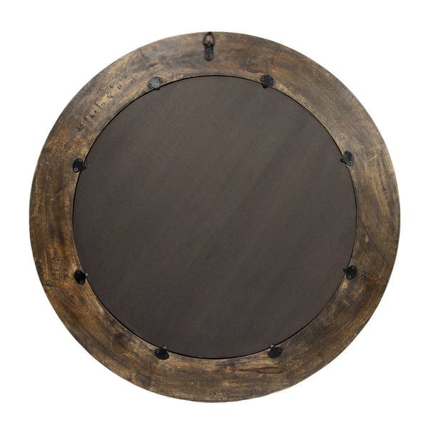 Rowena Interiors Carved Mango Wood Round Mirror Walnut Finish Hobnail Detail Farmhouse Bohemian Decor EC1418