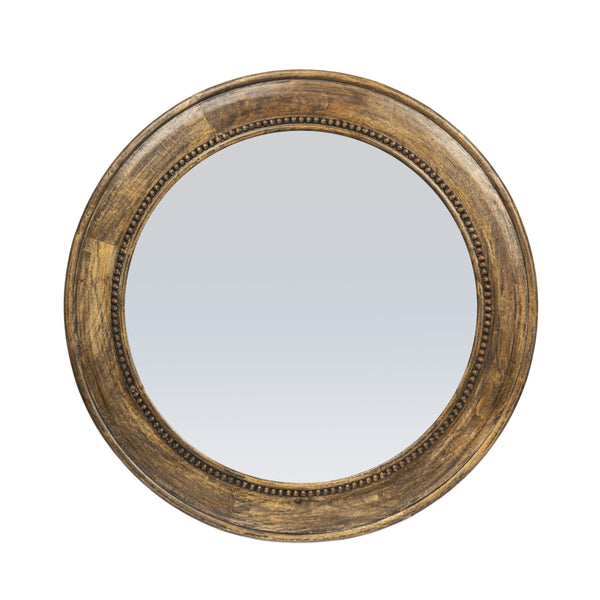 Rowena Interiors Carved Mango Wood Round Mirror Walnut Finish Hobnail Detail Farmhouse Bohemian Decor EC1418