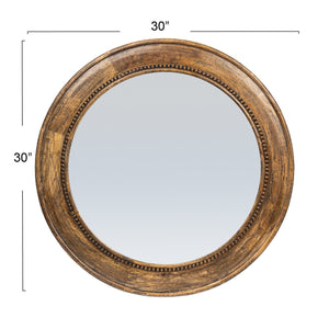 Rowena Interiors Carved Mango Wood Round Mirror Walnut Finish Hobnail Detail Farmhouse Bohemian Decor EC1418