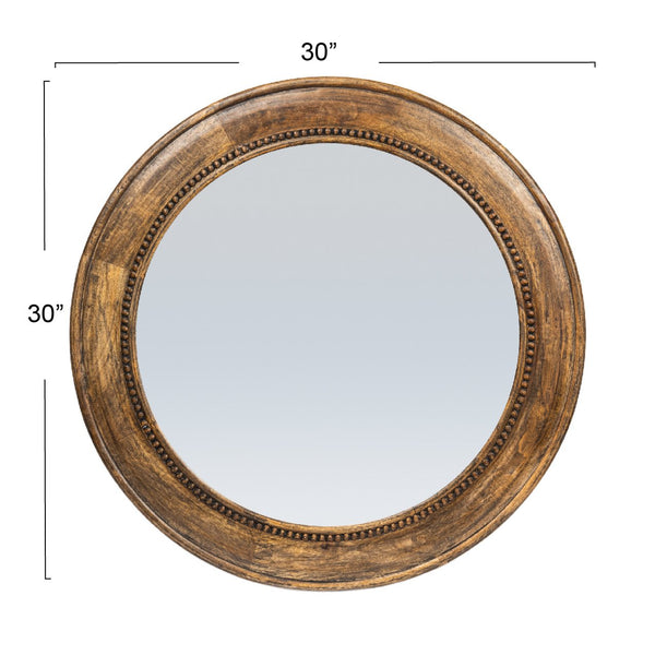 Rowena Interiors Carved Mango Wood Round Mirror Walnut Finish Hobnail Detail Farmhouse Bohemian Decor EC1418