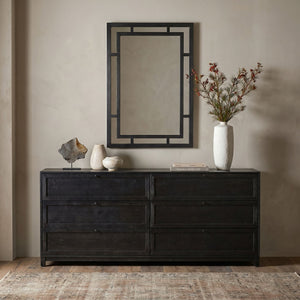 Rowena Interiors Geometric Art Deco Wood Frame Rectangular Wall Mirror with Angular Layered Detail Black EC1570