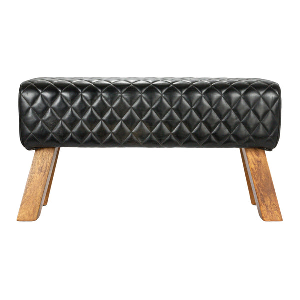 Rowena Interiors Diamond-Stitched Genuine Leather Upholstered Bench with Solid Mango Wood Legs for Entryway Black EC1657