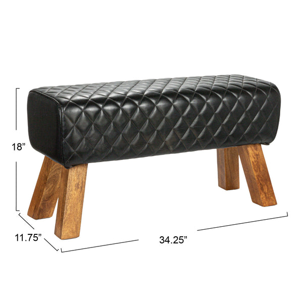 Rowena Interiors Diamond-Stitched Genuine Leather Upholstered Bench with Solid Mango Wood Legs for Entryway Black EC1657