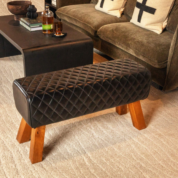 Rowena Interiors Diamond-Stitched Genuine Leather Upholstered Bench with Solid Mango Wood Legs for Entryway Black EC1657