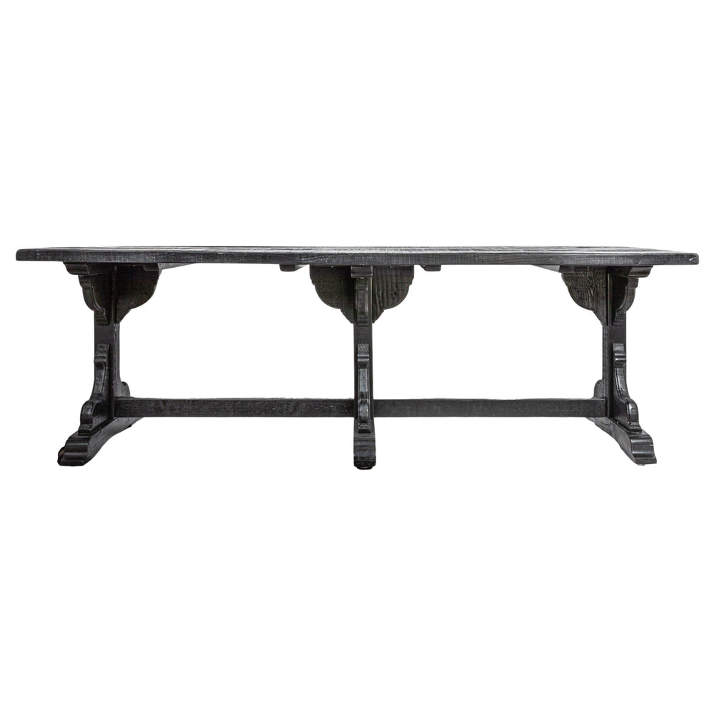 Rowena Interiors Reclaimed Pine Trestle Dining Table Seats Eight with Satin Black Farmhouse Finish EC1691