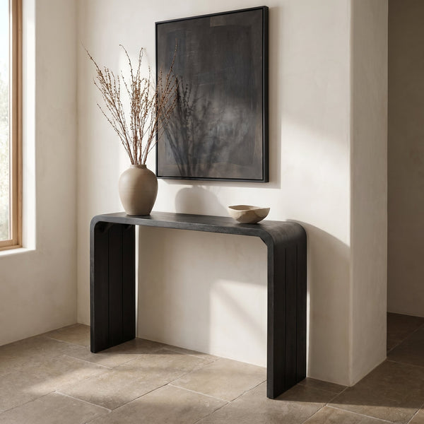Rowena Interiors Waterfall Edge Solid Mango Wood Console Table Slim Sculptural Entryway Accent Black EC1717