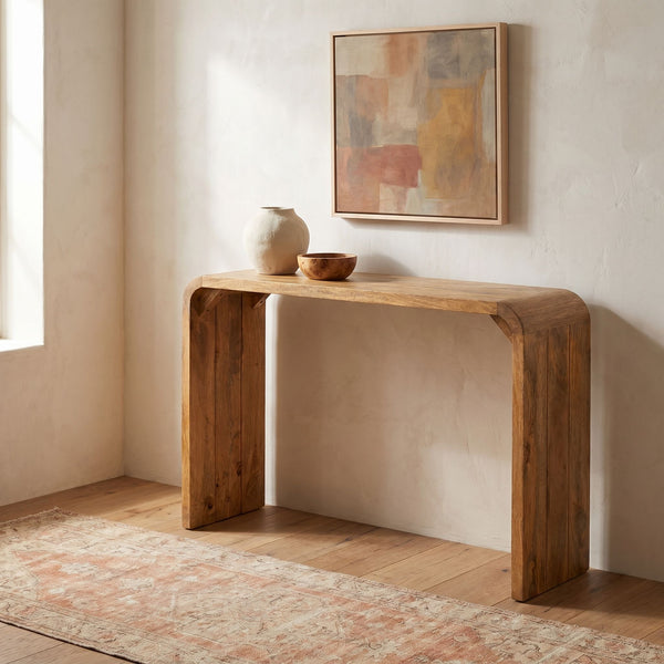 Rowena Interiors Waterfall Edge Solid Mango Wood Console Table Slim Sculptural Entryway Accent Natural EC1720